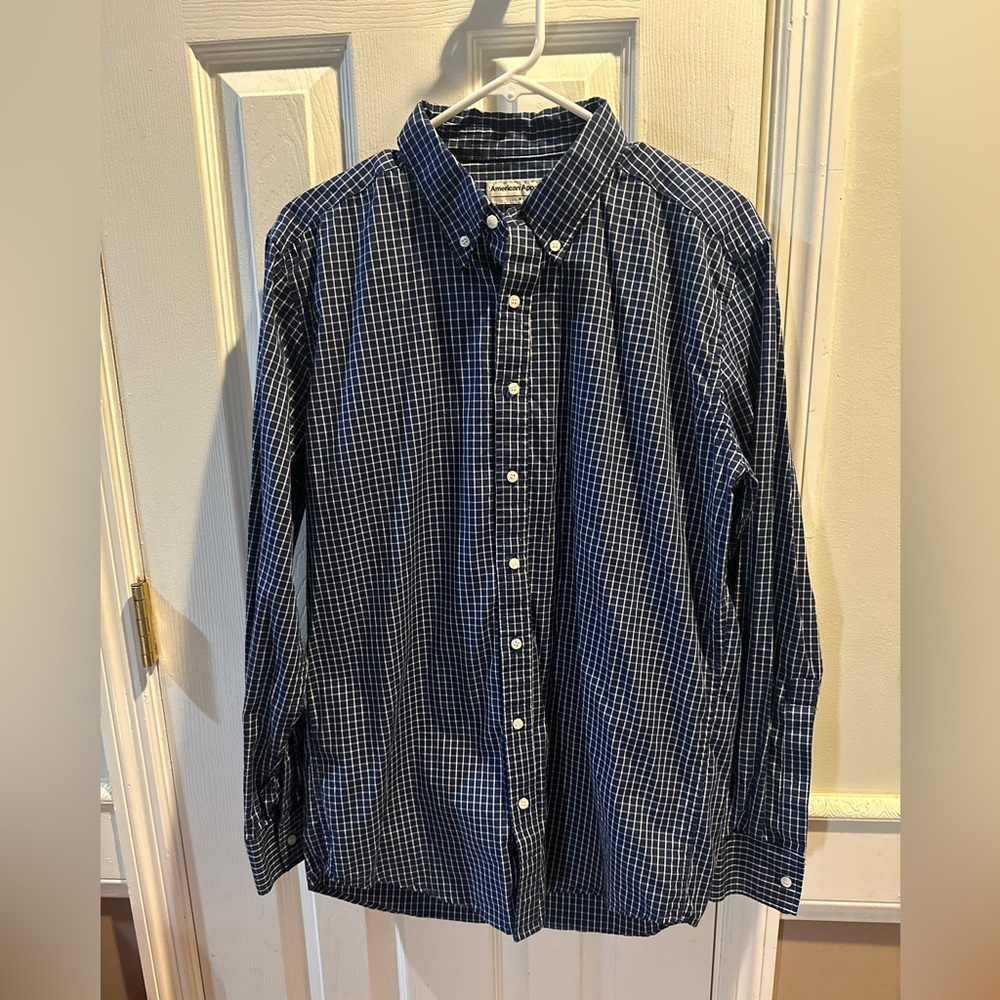 American Apparel Y2K Button Down Shirt Broadcloth‎ Blue Checked Made In USA Med